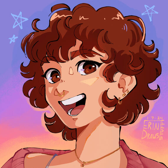 Drawn profile picture of Erin Miller, aka "erindrawsstuff". Red hair, pale skin, wearing earrings. She has a surprised, happy expression.