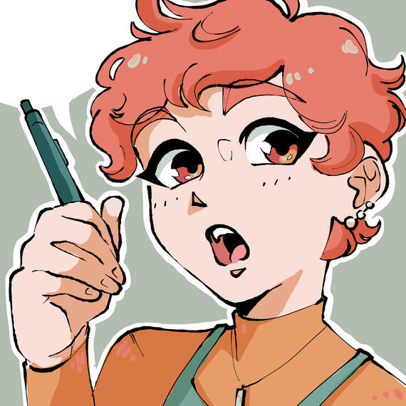 Drawn profile picture of Erin Miller, aka "erindrawsstuff". Red hair, pale skin, wearing earrings. She has a surprised expression while holding a tablet pen.